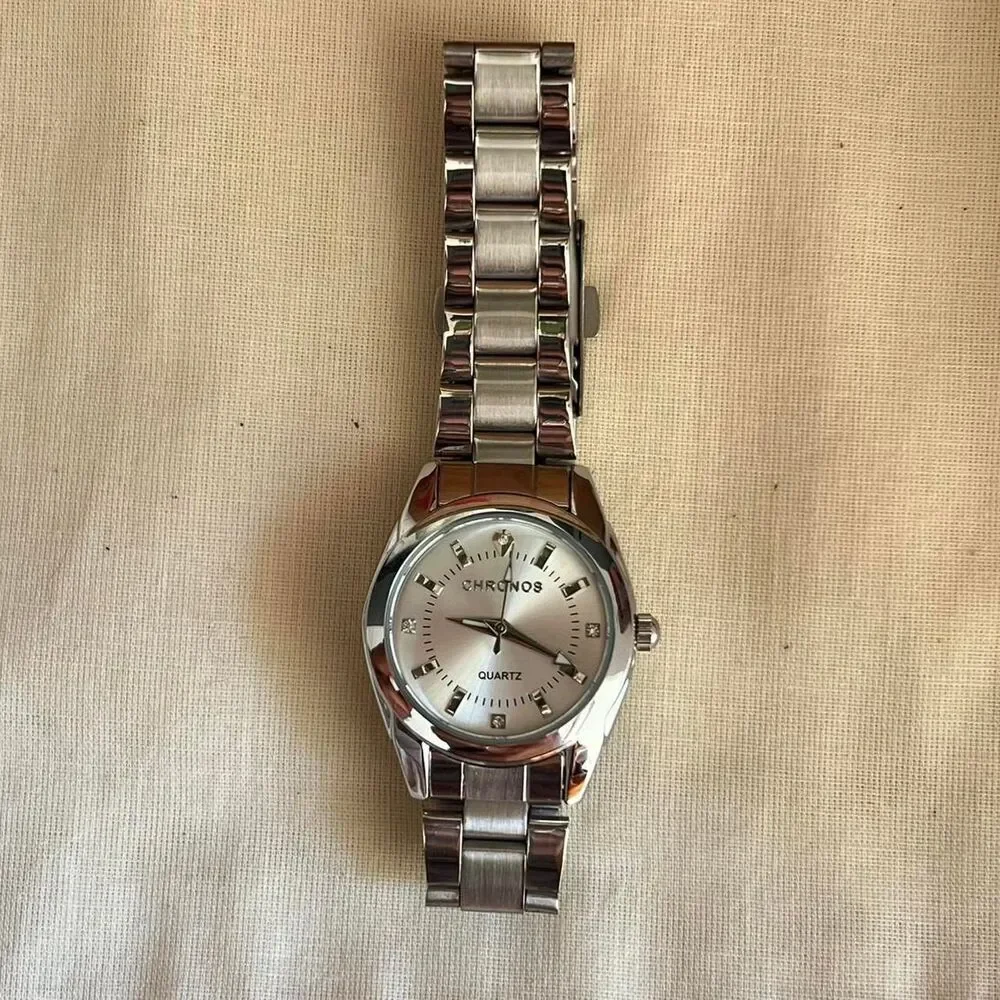 silver classy y2k sporty round stainless steel quartz luxury watch